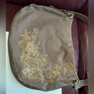 FOSSIL Large Crossbody Canvas Brown Floral Embroidered Bag